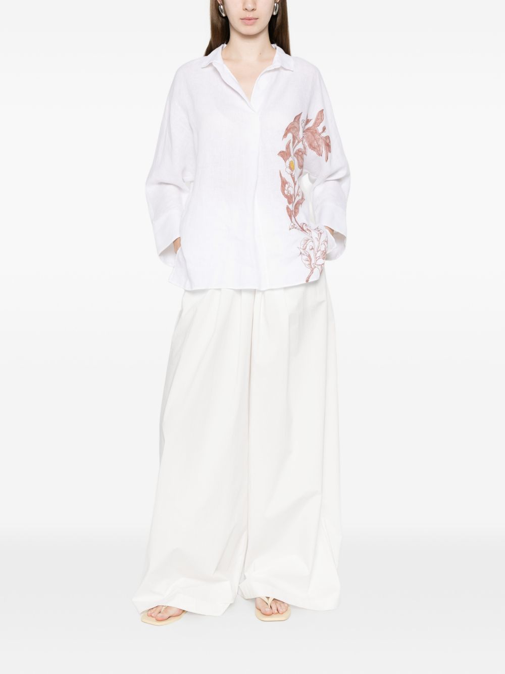 TRAME AUREE Trame Auree V-neck Linen Shirt – White Floral