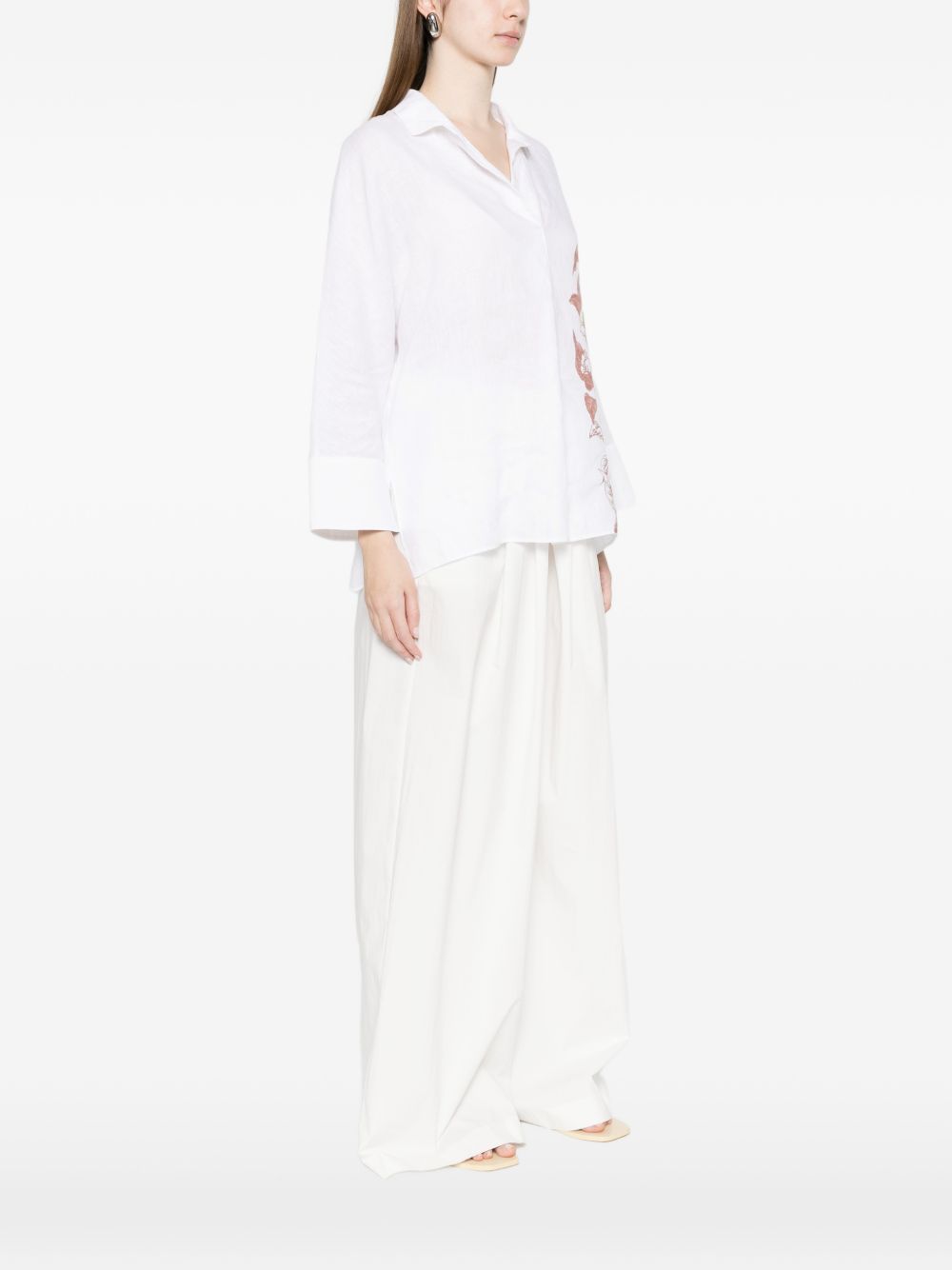 TRAME AUREE Trame Auree V-neck Linen Shirt – White Floral
