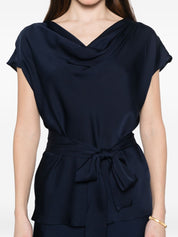 Silk95Five Mizner Silk Top — Blue Cowl Neck (Short Sleeve)