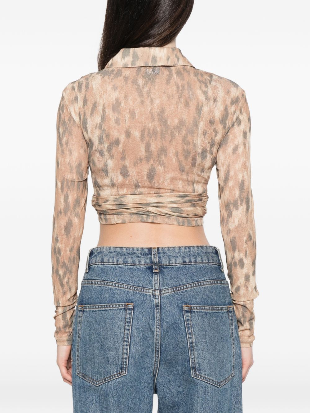 Ganni Printed Cropped Shirt — Beige Animal Print