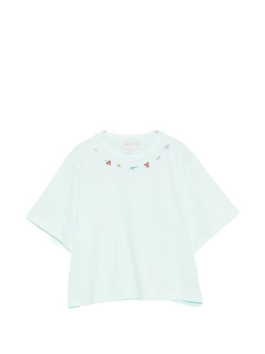 Forte Forte Embroidered Cotton T‑Shirt — Azzurro Floral