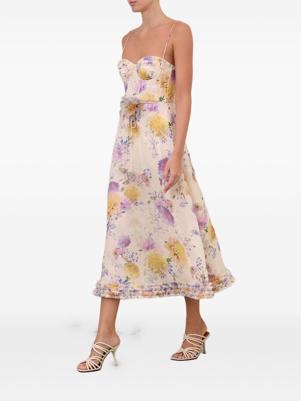 Zimmermann Dresses — Luna Midi in Beige, Floral Tie-Belt