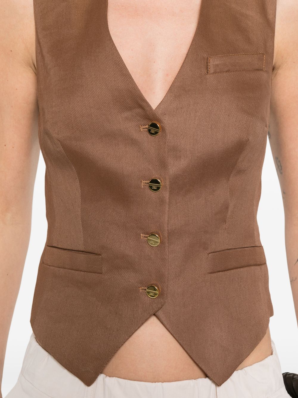 Elisabetta Franchi Linen V‑Neck Vest — Leather Brown Topwear