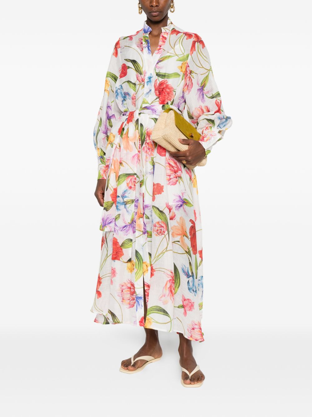Lavi Printed Long Dress — Floral Belted Maxi (White)