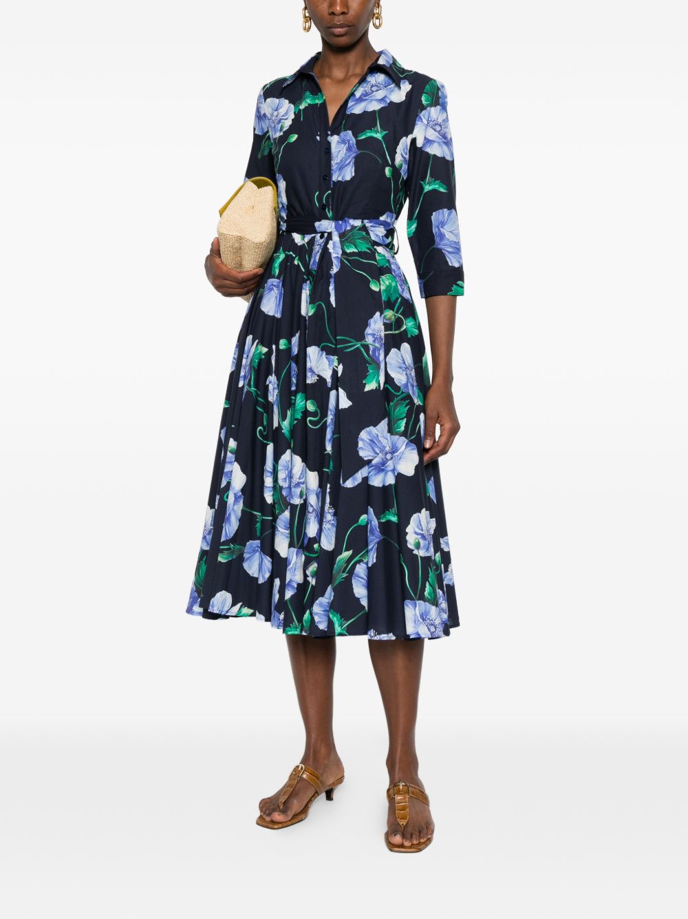 Lavi Printed Cotton Dress — Blue Floral, Belted Fit