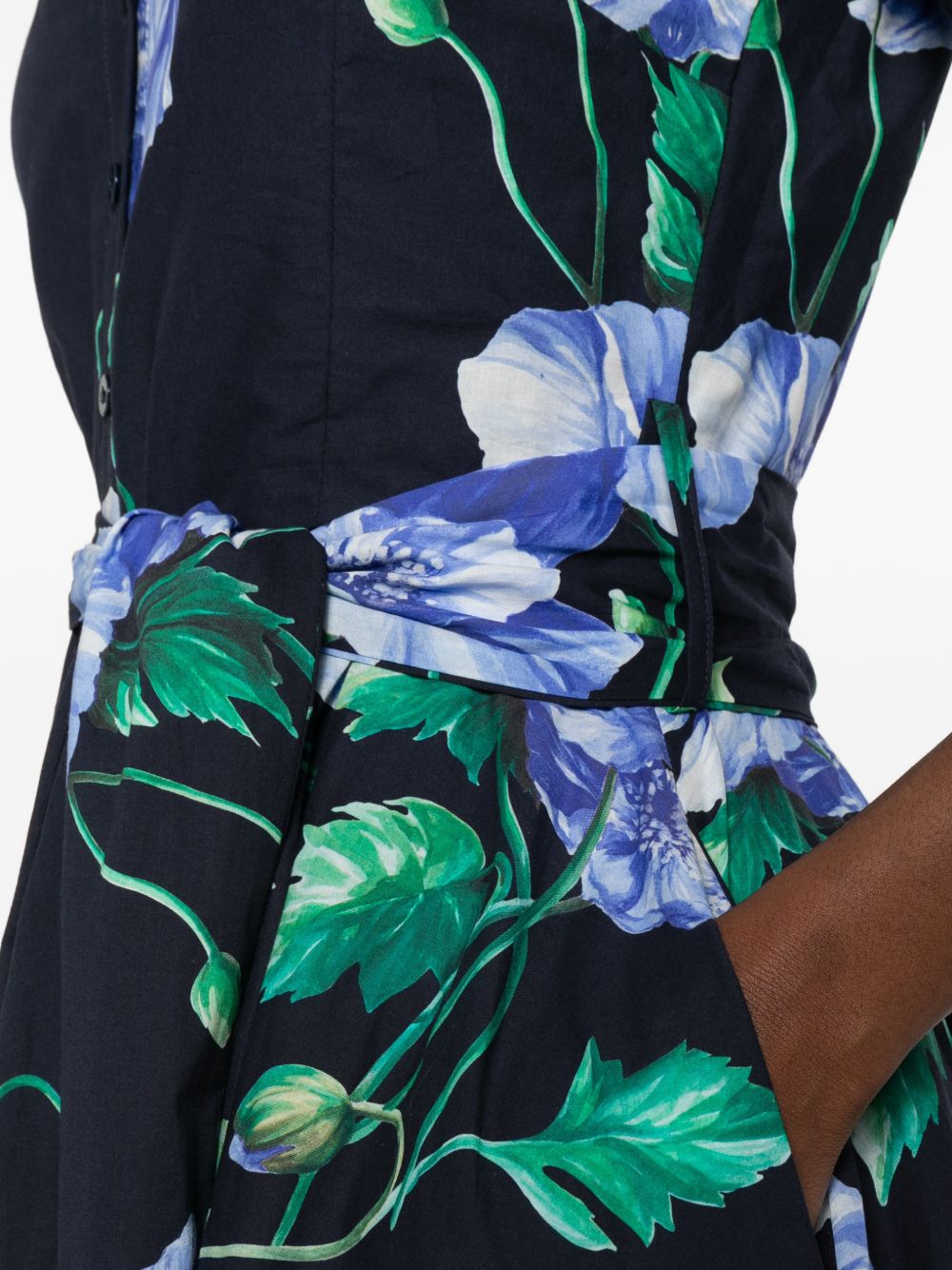 Lavi Printed Cotton Dress — Blue Floral, Belted Fit