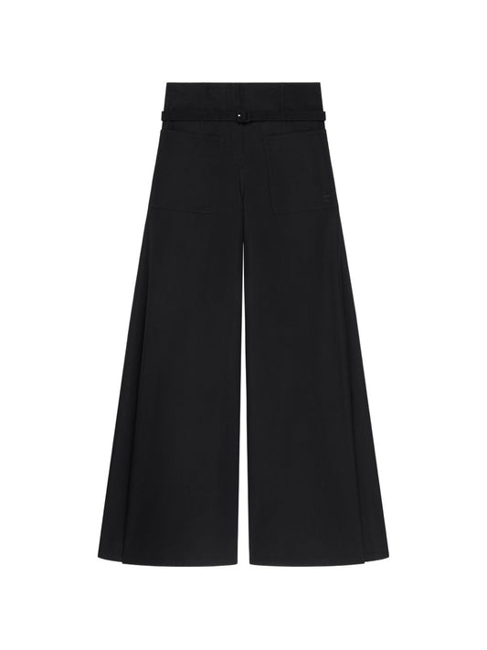 Courreges Cotton Trousers — Black Wide‑Leg, Belted Waist