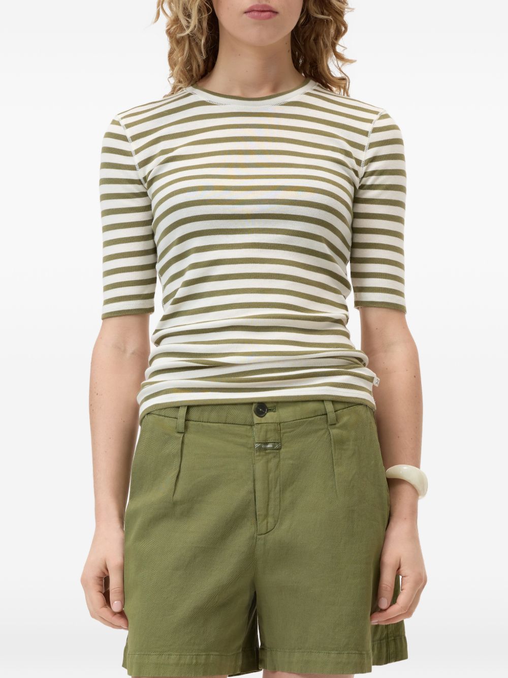 Closed Striped Cotton Blend Sweater — Olive Green Topwear