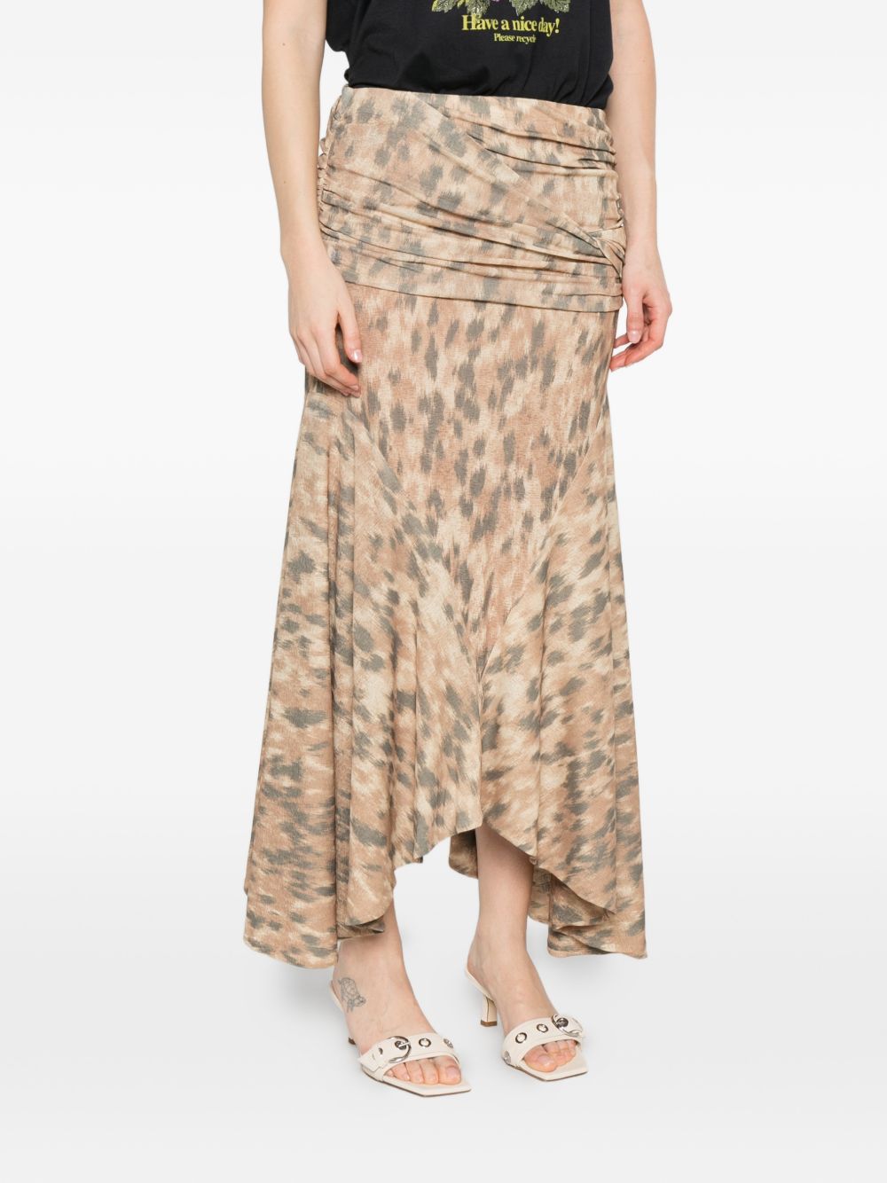 Ganni Printed Cotton Skirt — Beige Asymmetric Hem