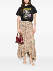 Ganni Printed Cotton Skirt — Beige Asymmetric Hem