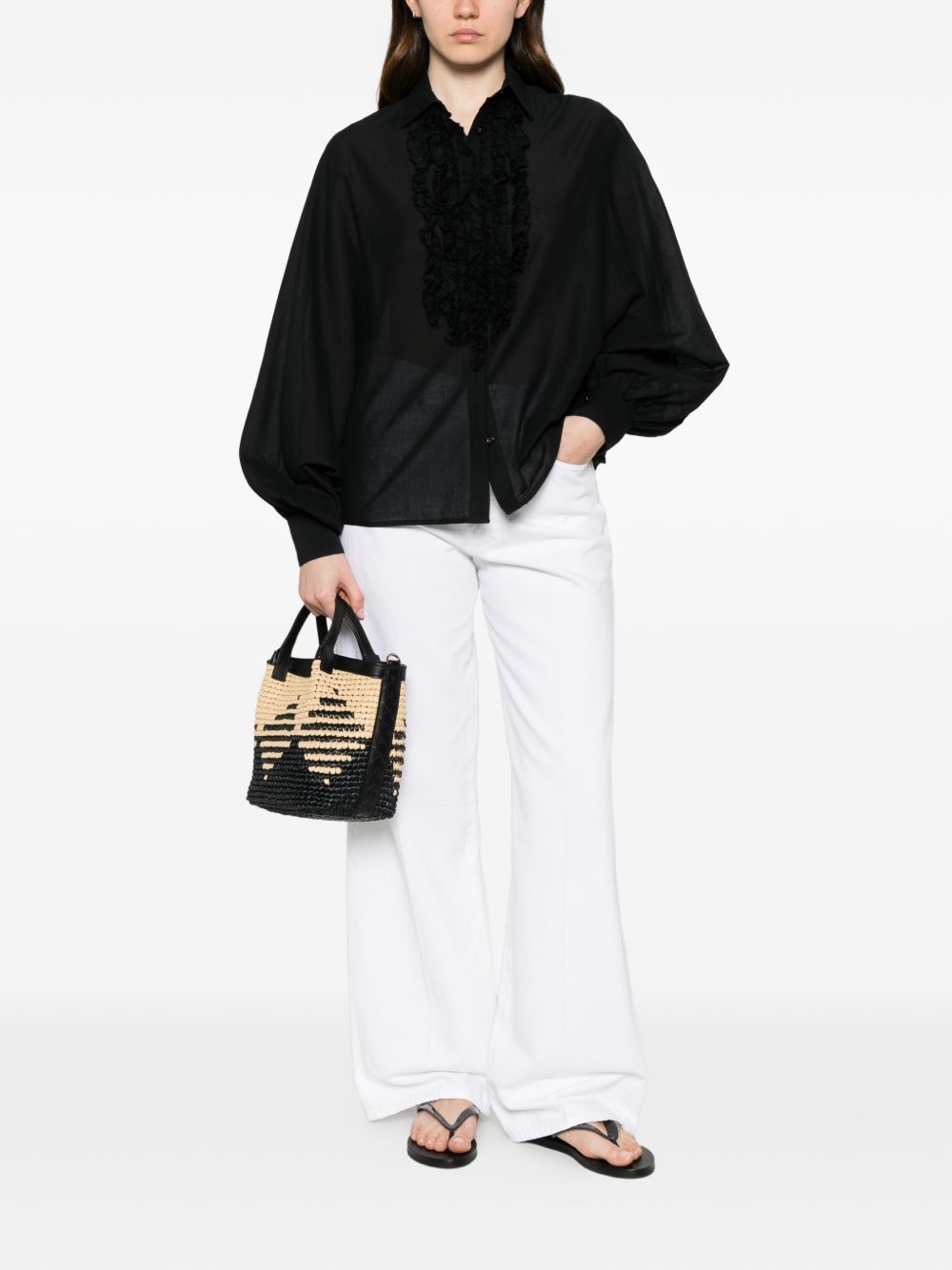 SOSUE Antonia Cotton Shirt — Black Ruffled Front
