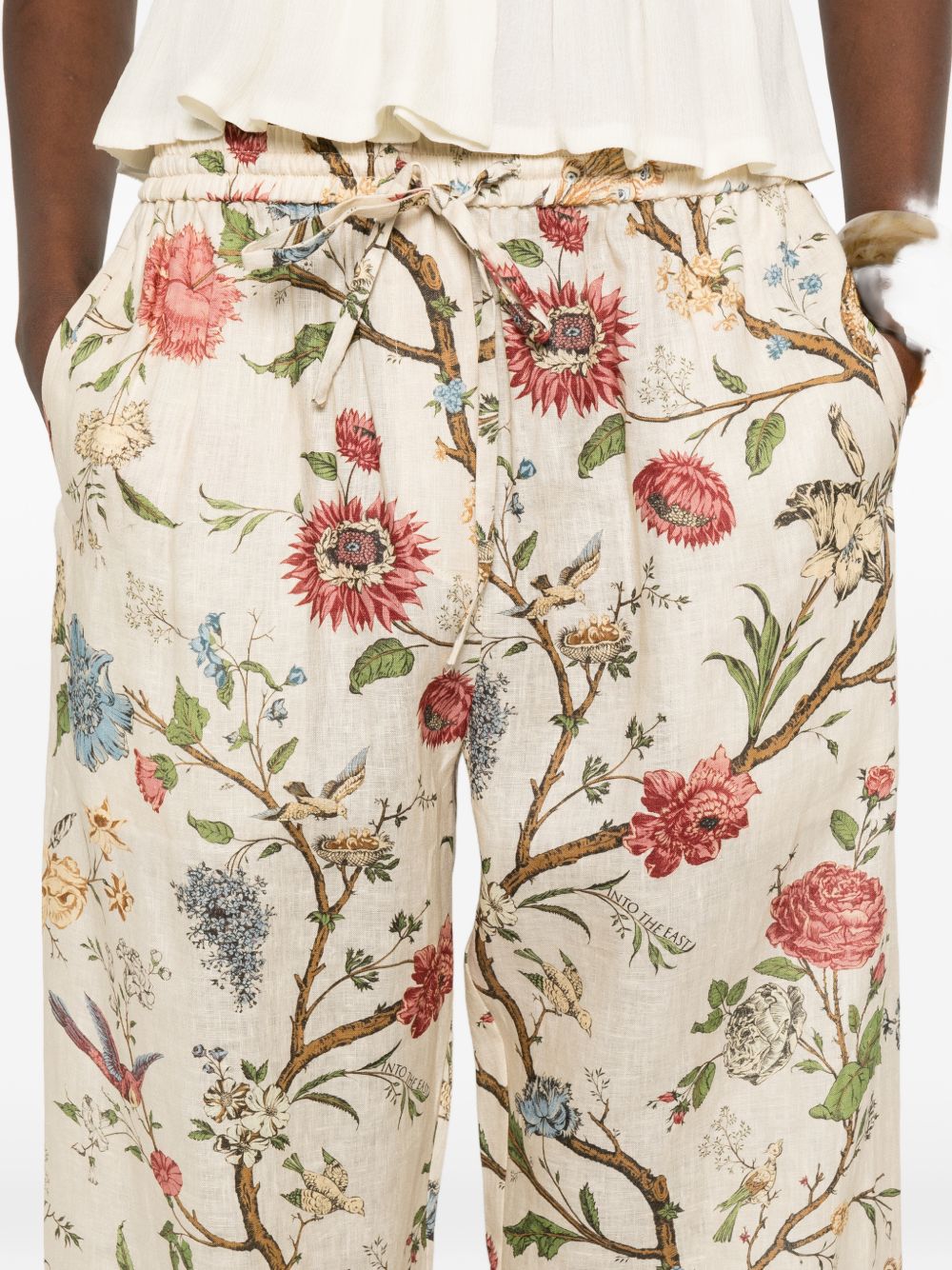 INTO THE EAST Printed Linen Trousers — Resort Floral Fit