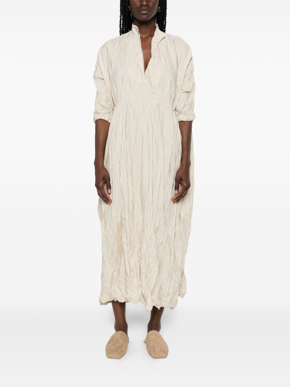 Daniela Gregis Beige Cotton Dress — V‑Neck Slit Pockets
