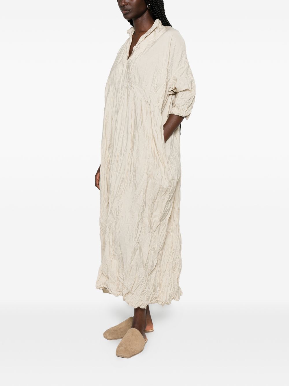 Daniela Gregis Beige Cotton Dress — V‑Neck Slit Pockets