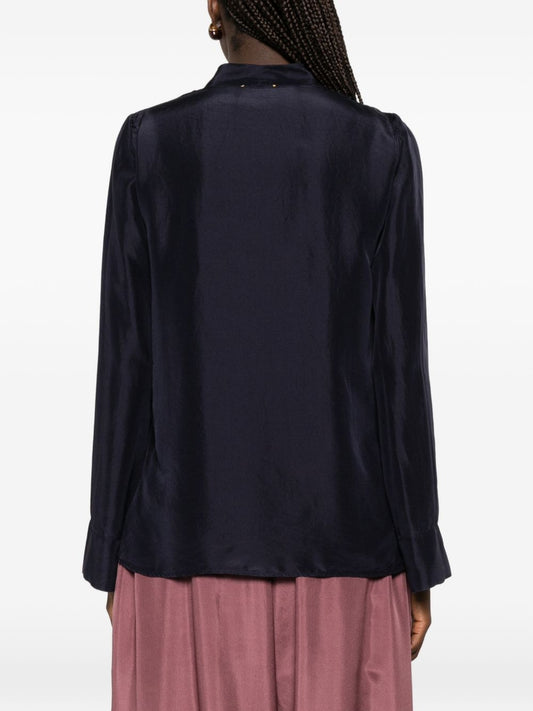 Forte Forte Silk Shirt — Midnight Blue Pleated Silk