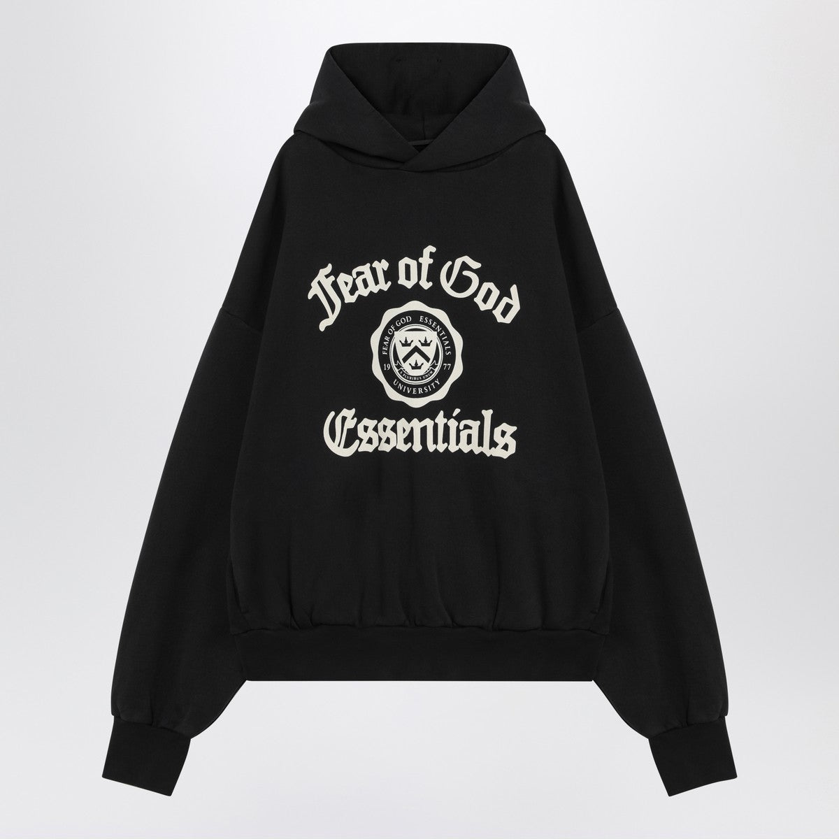 Fear of God Essentials Black hoodie with University logo