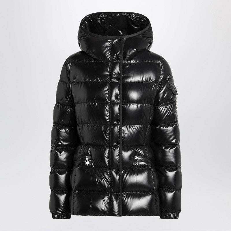 Moncler black down jacket — lacquered nylon puffer