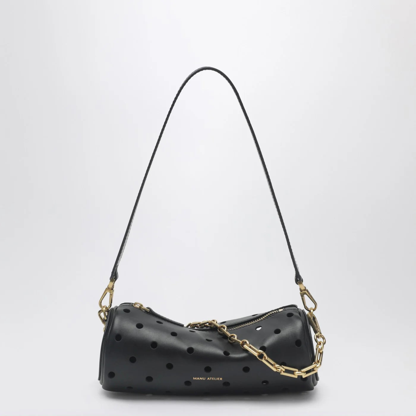 Manu Atelier Mini Cylinder bag in perforated black leather