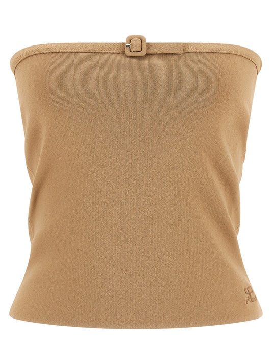 Courreges Buckle Top — Beige Off‑Shoulder Top (Women)