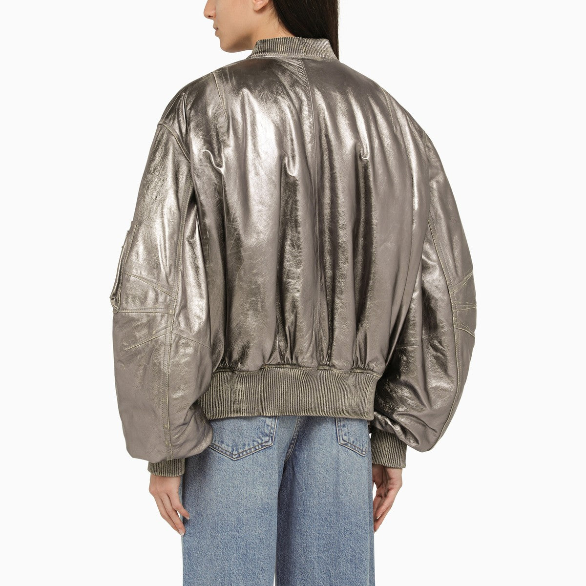 The Attico Anya silver leather bomber jacket