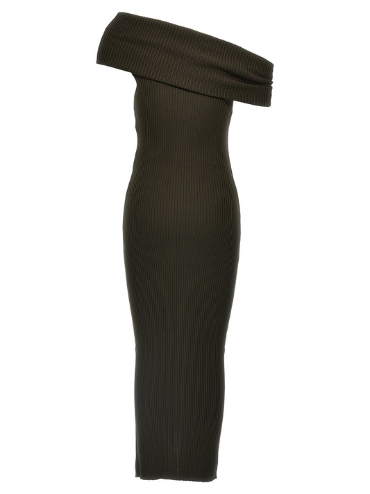 Courreges Twist Rib Knit Long Dress — Brown, One-Shoulder