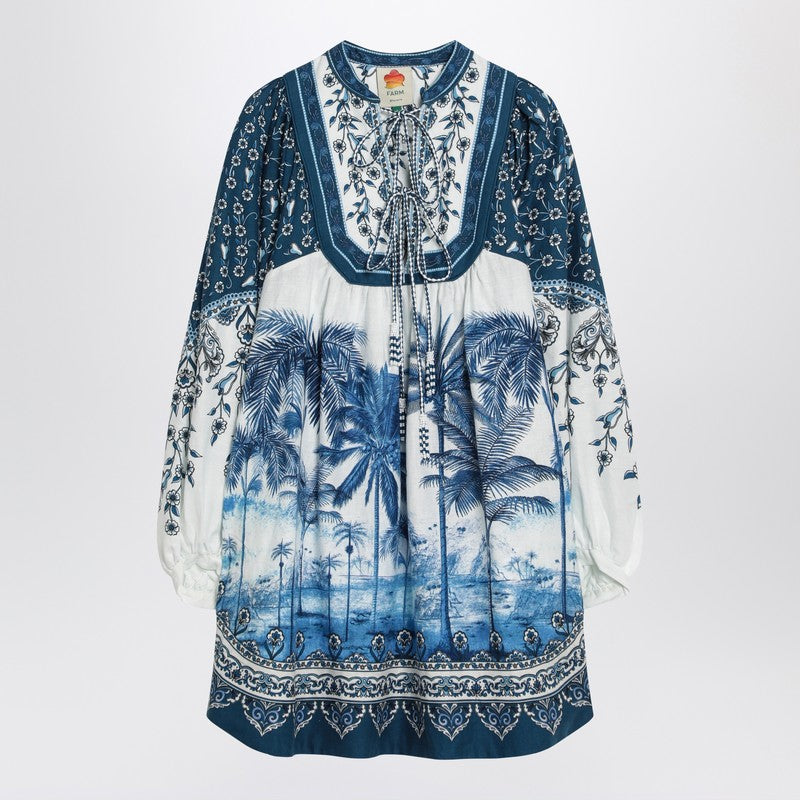 Linen-Blend Palm-Print Mini Dress