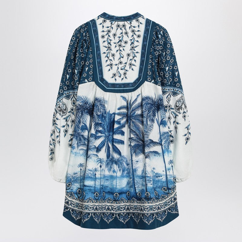 Linen-Blend Palm-Print Mini Dress