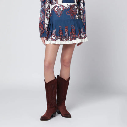 FARM Rio Pleated Mini Skirt — Deep Blue & Sand (New)