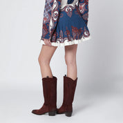 FARM Rio Deep blue and sand pleated mini skirt with arabesque print