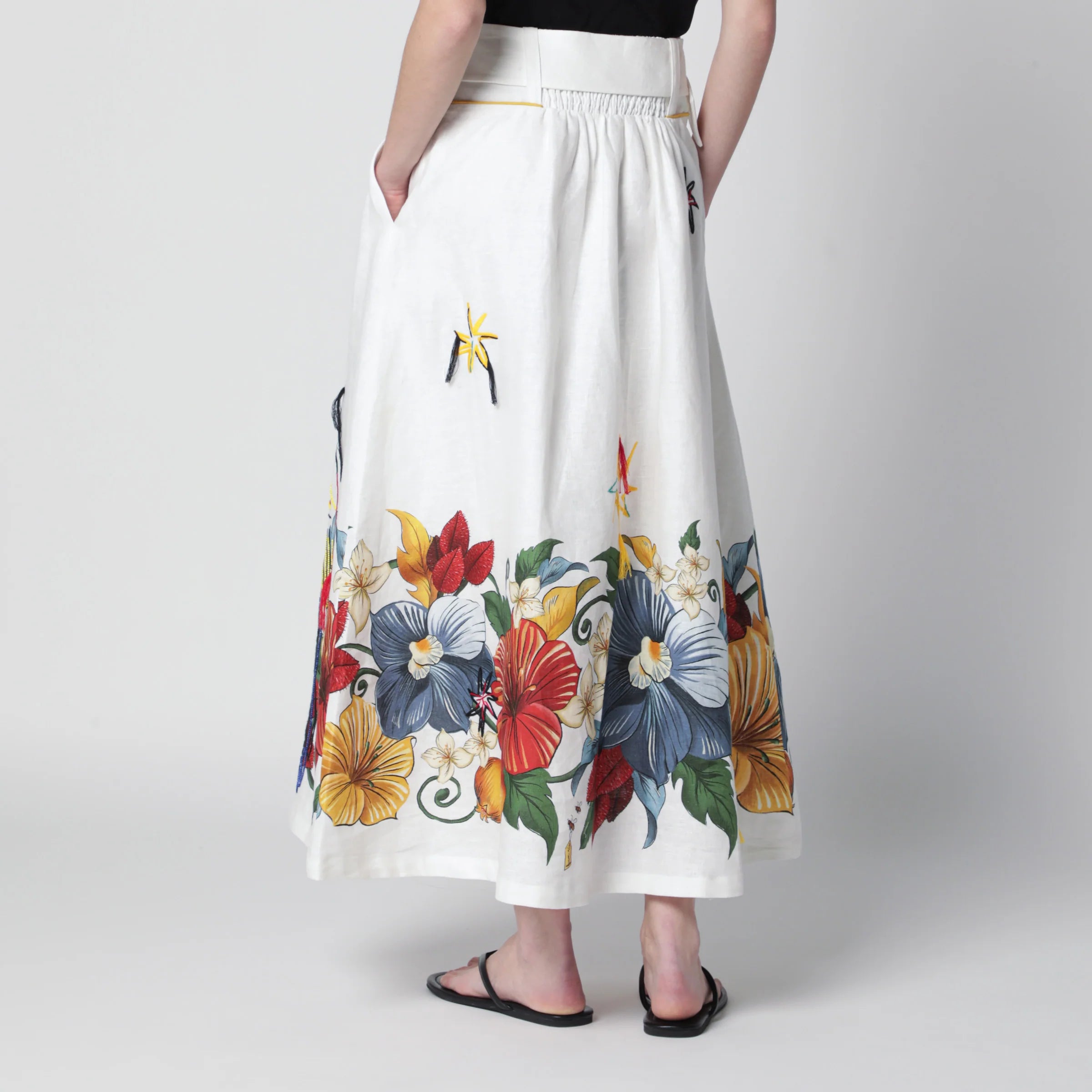 FARM Rio White linen skirt with tropical embroidery