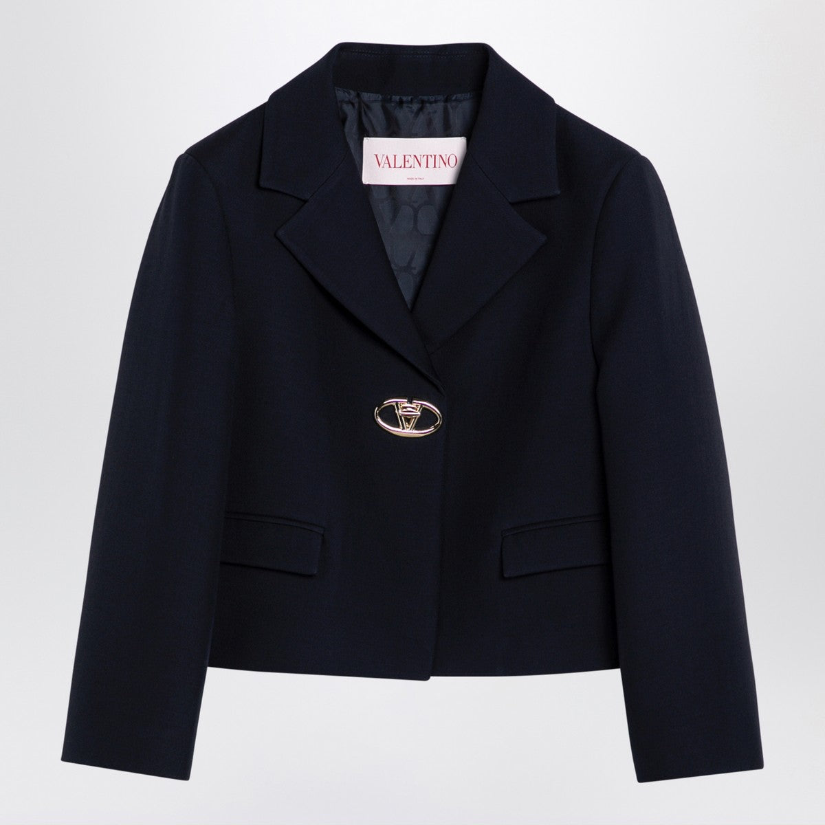 Valentino Single-breasted navy wool crop jacket with gold Vlogo