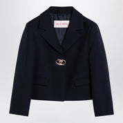 Valentino Single-breasted navy wool crop jacket with gold Vlogo