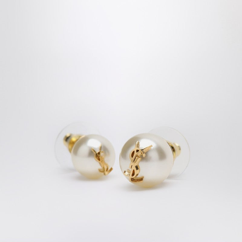 Boucles d'oreilles asymétriques Saint Laurent avec perle et logo Cassandre