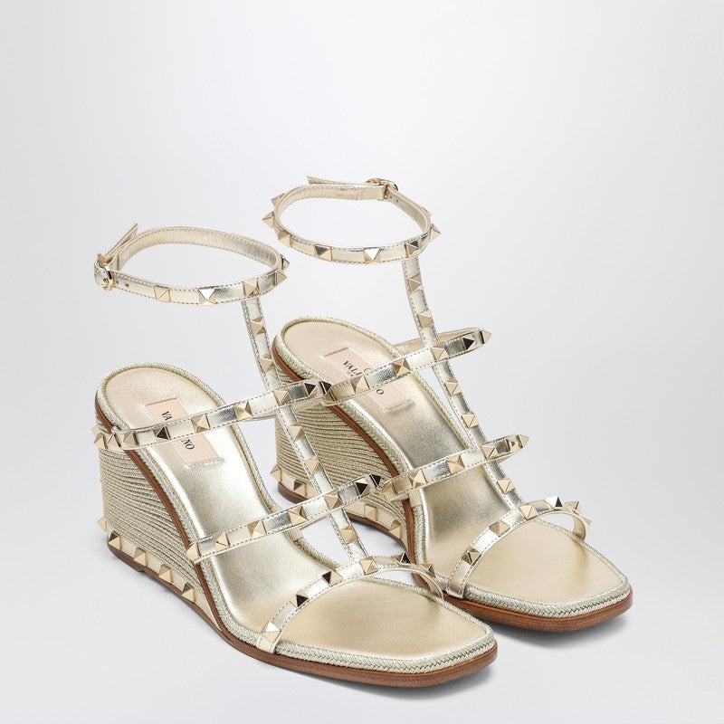 Valentino Garavani Rockstud Wedge Sandals — Platinum