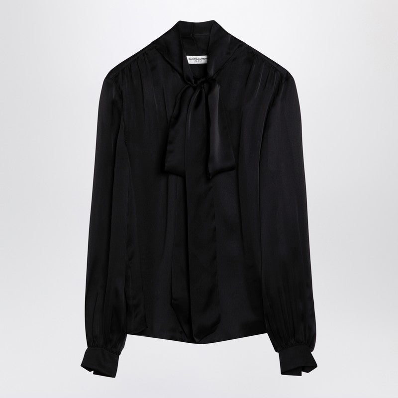 Chemise en soie noire Saint Laurent avec détail nœud
