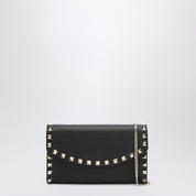 Valentino Garavani Black Rockstud crossbody wallet in hammered leather