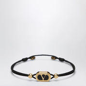Valentino Garavani Black cord bracelet with enamelled gold V logo