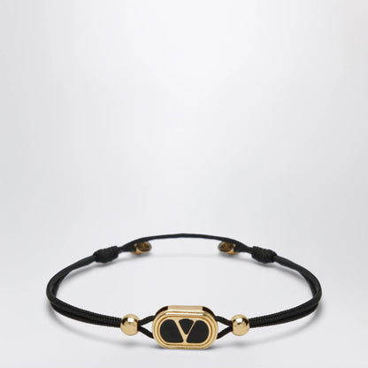 Valentino Garavani Black cord bracelet with enamelled gold V logo