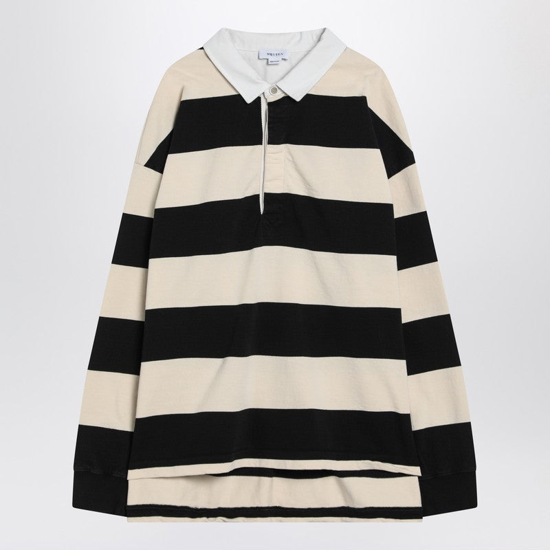 Alexander McQueen Striped Polo Shirt in Black and Ivory Cotton