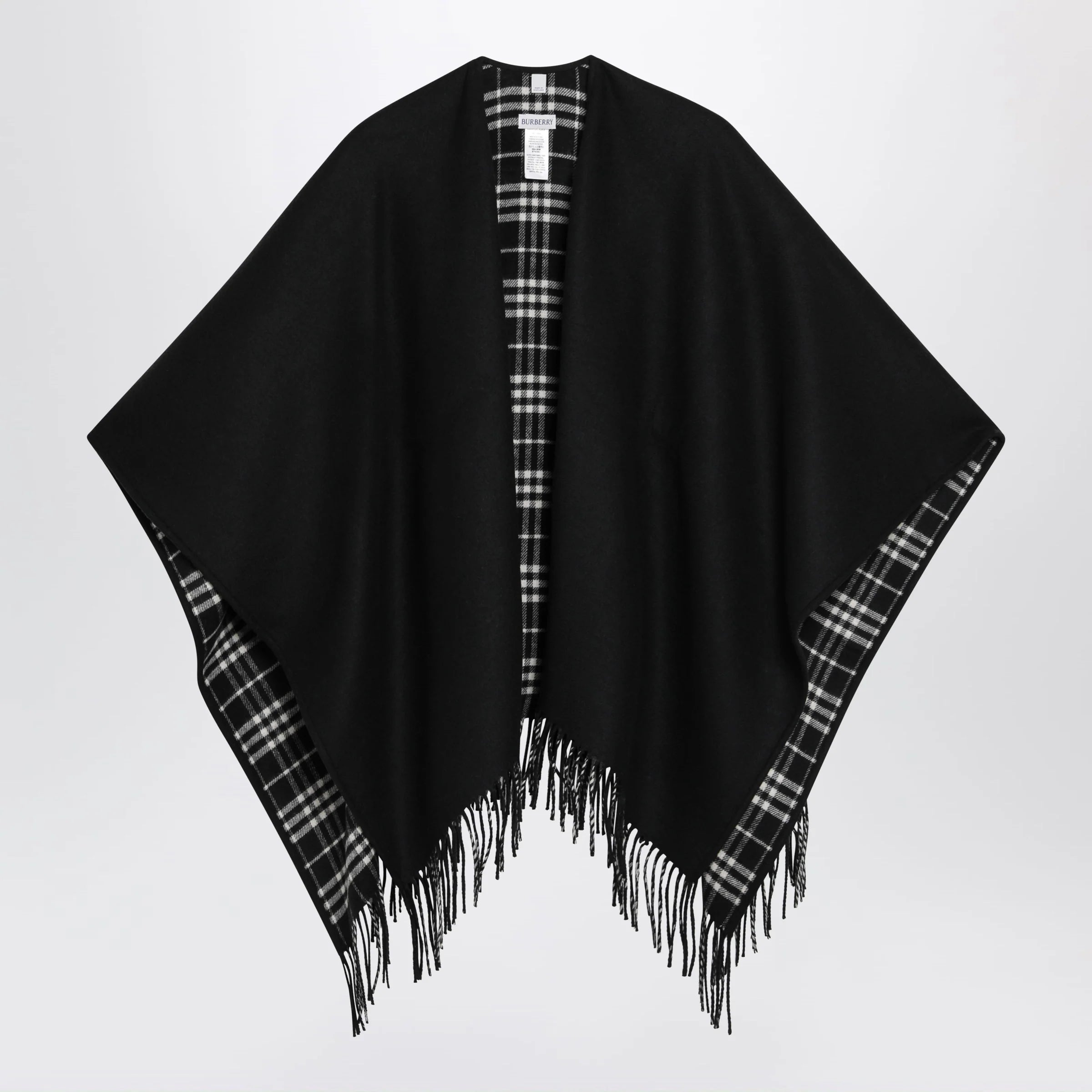 Burberry Reversible wool check cape with fringes in black