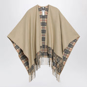 Burberry Reversible wool check cape with fringes in sand beige