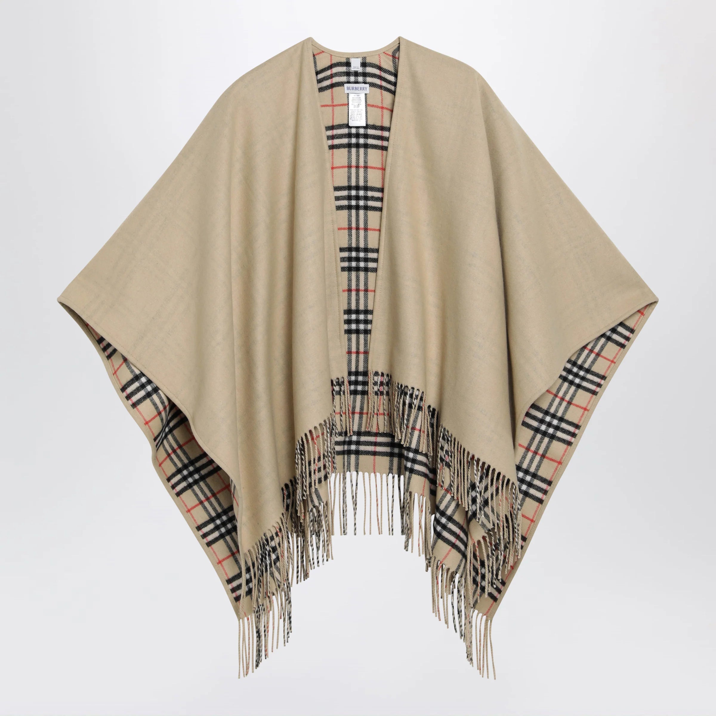 Burberry Reversible wool check cape with fringes in sand beige