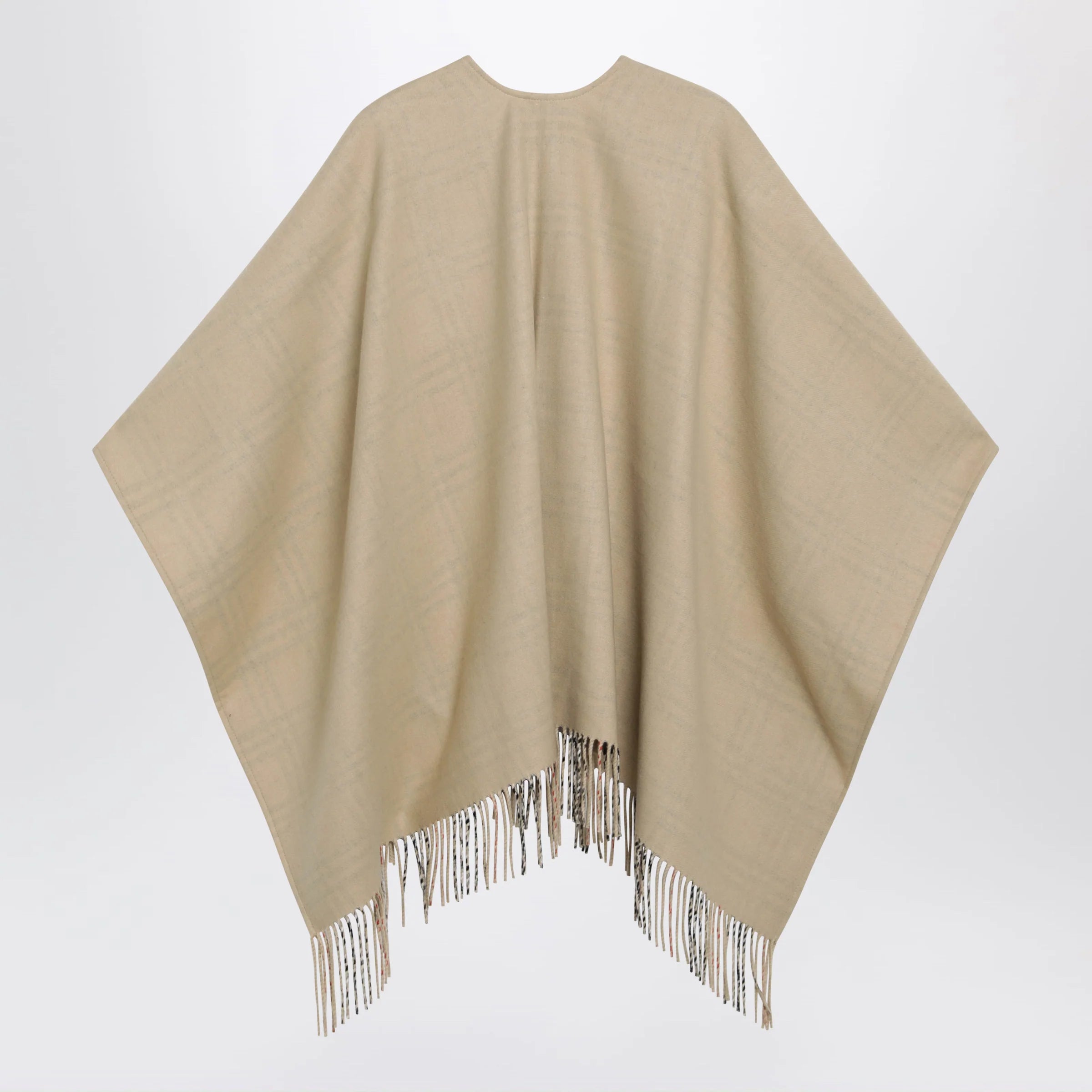 Burberry Reversible wool check cape with fringes in sand beige