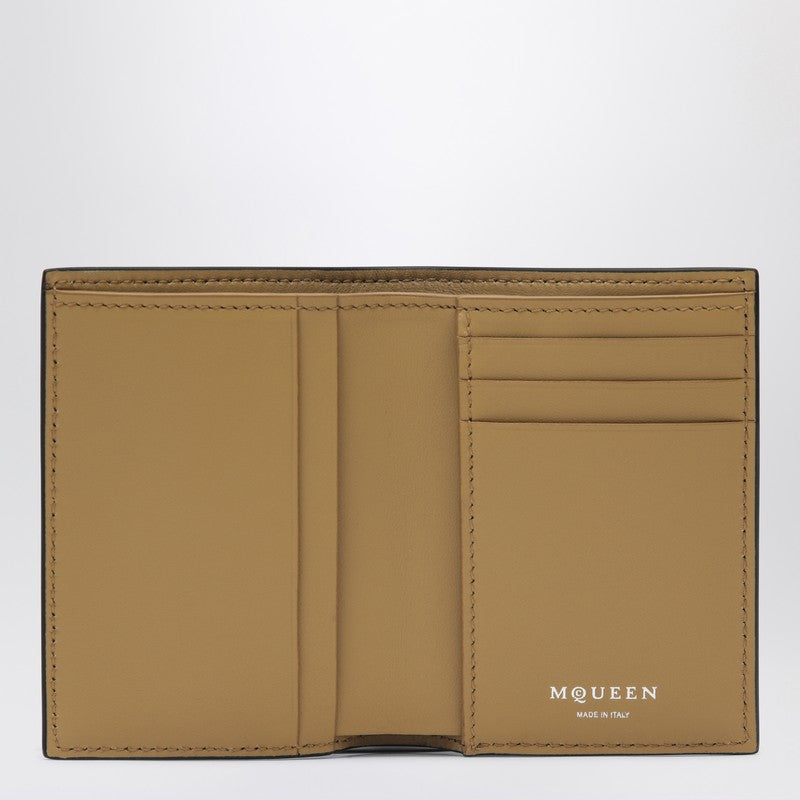 Portefeuille à deux volets Alexander McQueen noir/beige en cuir craquelé