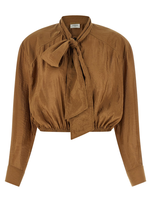 Saint Laurent Lavallière Blouse — Brown Taffeta Top
