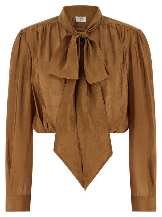 Saint Laurent Lavallière Neck Blouse — Brown Shirt