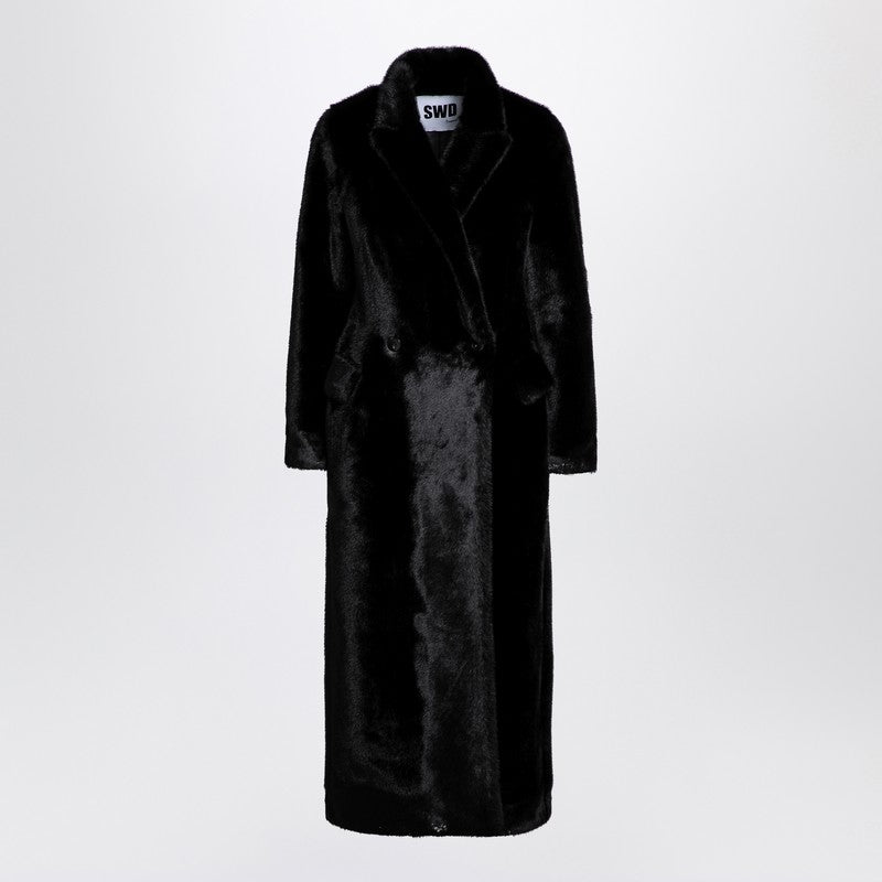 Sword 6644 Black long faux fur coat — Double‑breasted elegance
