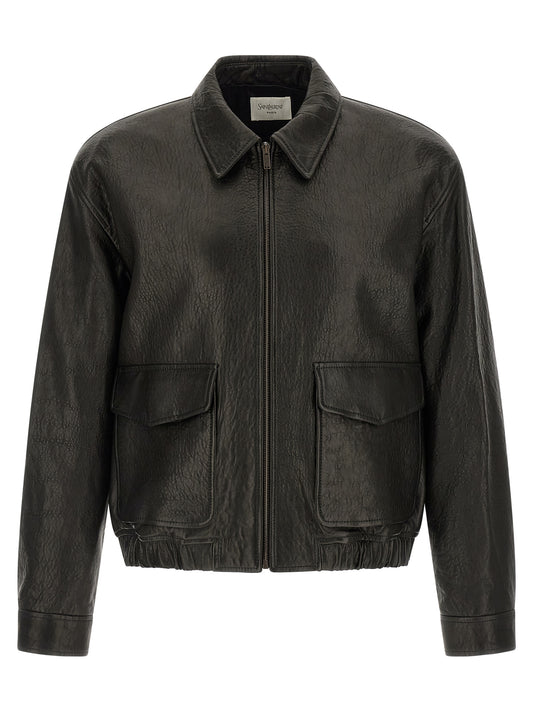 Saint Laurent Hammered Leather Bomber Jacket for Men