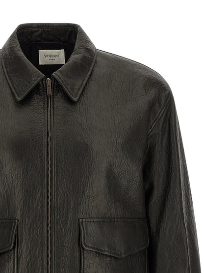 Saint Laurent Hammered Leather Bomber Jacket for Men