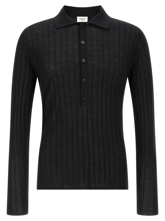 Saint Laurent Pointelle Wool Polo Shirt — Men’s Black